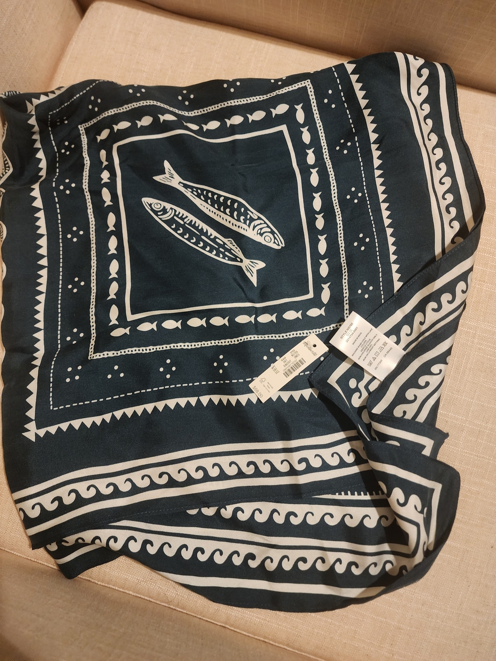 Madewell Teal and White 100% Silk Scarf - Fish, Shells, Seahorse